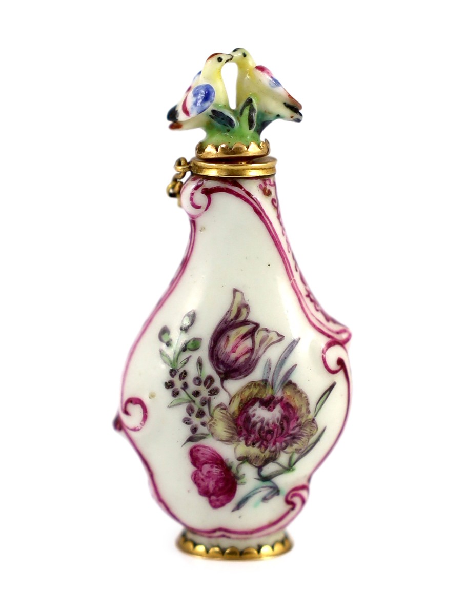 A good Chelsea or St James (Charles Gouyn) gold mounted porcelain scent bottle, c.1755